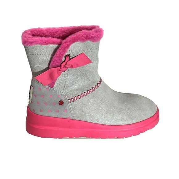 UGG Girls Knotty Boots Size 4 Youth Gray Suede Pink Shearing Bow I heart - Picture 1 of 15